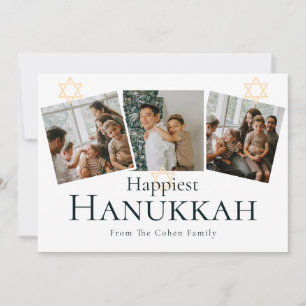 Blue Calligraphy Happiest Hanukkah family 3 photo Holiday Card