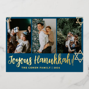 Blue Calligraphy Happiest Hanukkah family 4 photo Foil Holiday Card