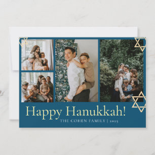 Blue Calligraphy Happiest Hanukkah family 4 photo Holiday Card
