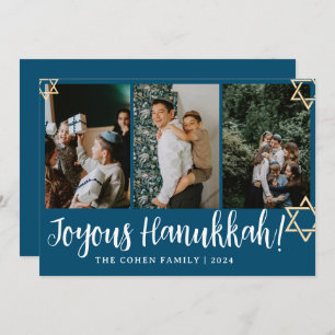 Blue Calligraphy Happiest Hanukkah family 4 photo Holiday Card