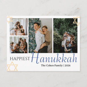 Blue Calligraphy Happiest Hanukkah family 4 photo Holiday Postcard