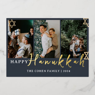 Blue Calligraphy Happy Hanukkah family 3 photo Foil Holiday Card