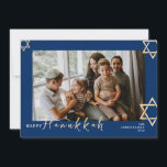 Blue Calligraphy Happy Hanukkah family one photo Holiday Card<br><div class="desc">Blue Calligraphy Happy Hanukkah family one photo</div>