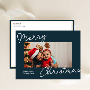 Blue Calligraphy Merry Christmas Modern Photo Holiday Postcard
