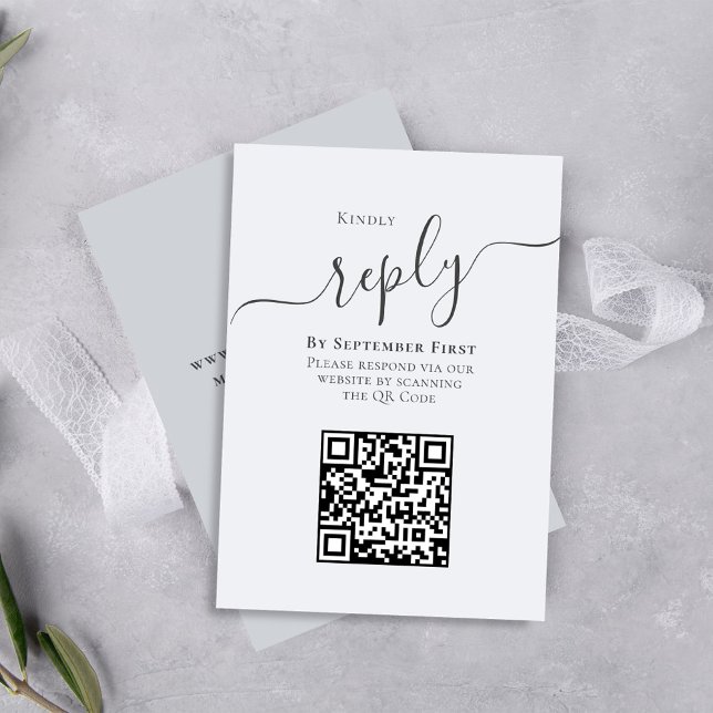 Blue Calligraphy QR Code Reply Wedding RSVP Card (Simple blue-grey wedding RSVP card with a scannable QR code. )