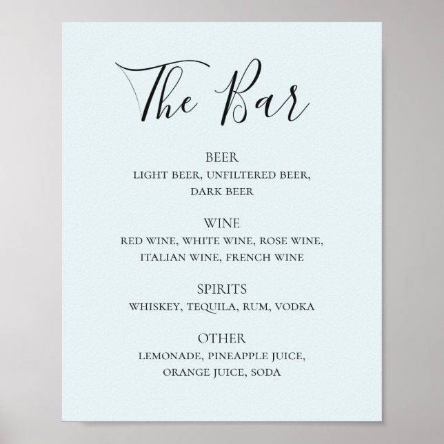 Blue calligraphy script wedding drinks bar menu poster (Front)