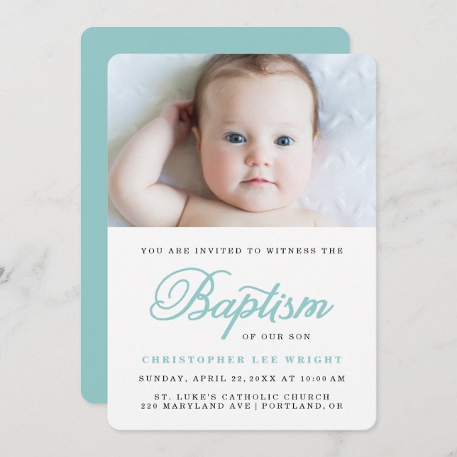 Blue Calligraphy Stylish Boy Baptism Invitation (Front/Back)