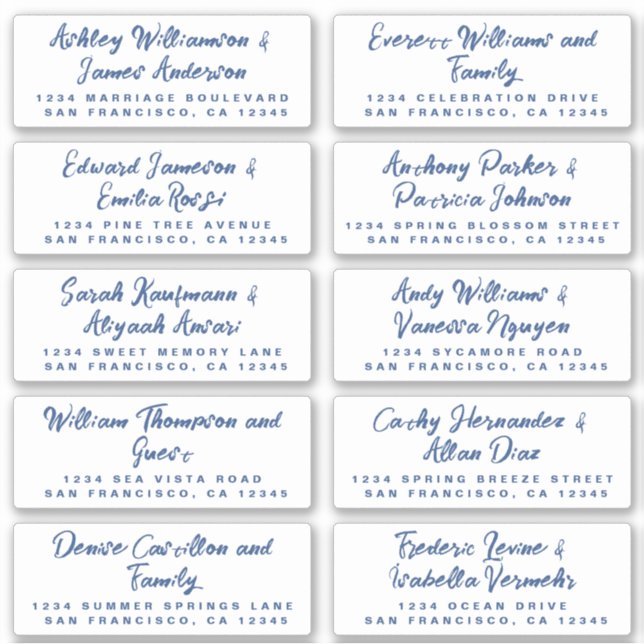 Blue Calligraphy Wedding Guest Address Labels (Front)