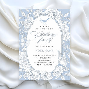 Blue calm elegant floral botanical birthday invitation