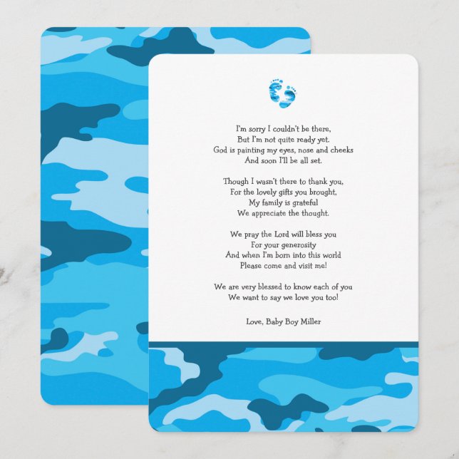 Blue Camo baby shower thank you note with poem Invitation (Front/Back)