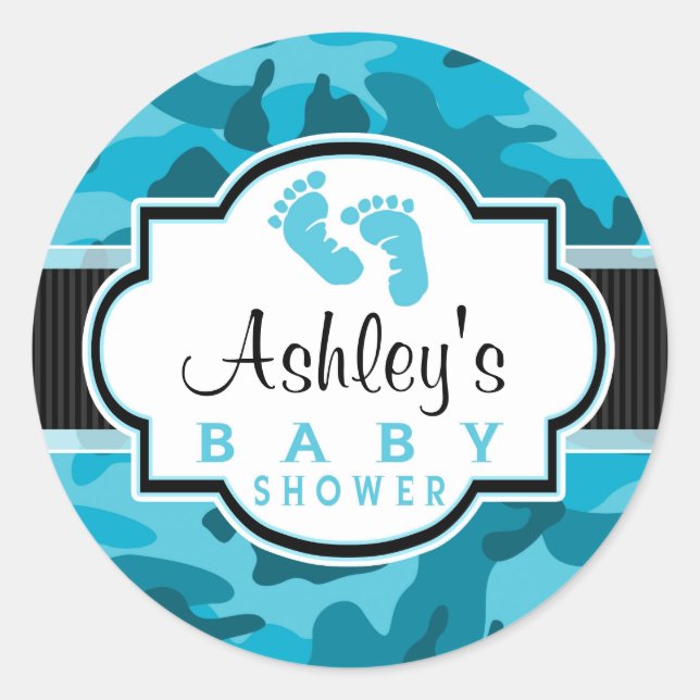 Blue Camo, Camouflage Baby Shower Classic Round Sticker (Front)