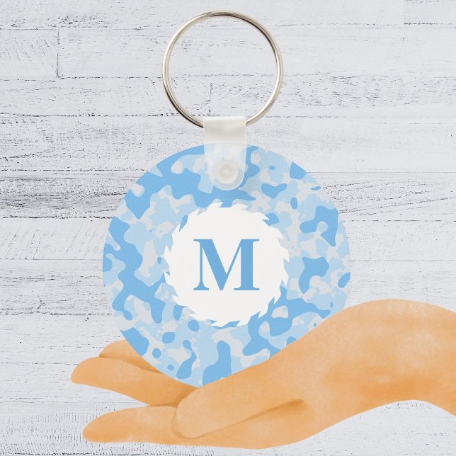 Blue Camo Camouflage Monogram Initial Key Ring (Blue Camo Camouflage Monogram Initial Keychain)