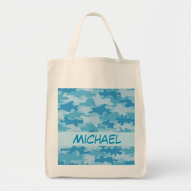Blue Camo Camouflage Name Personalised Tote Bag (Front)