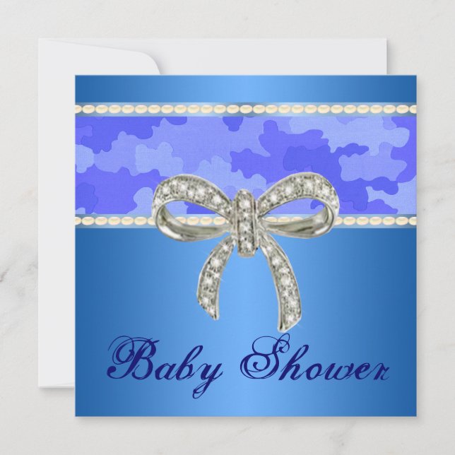 Blue Camo Diamond Bow Baby Shower Invitation (Front)