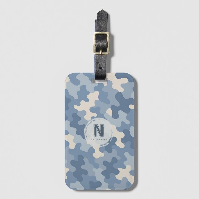Blue Camo Military Monogram Luggage Tag (Front Vertical)