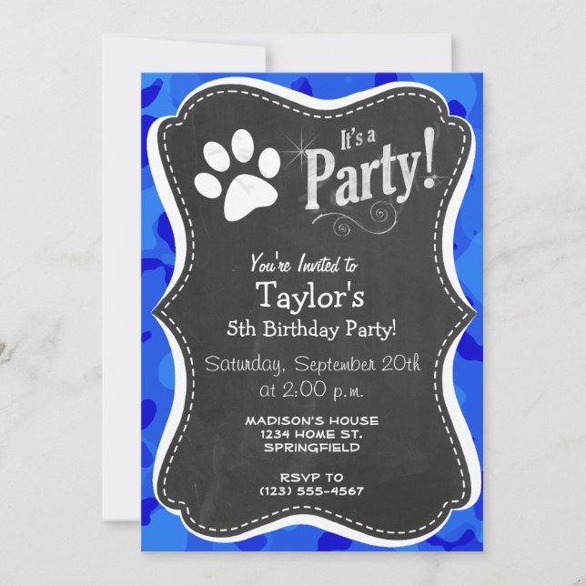 Blue Camo; Paw Print Invitation (Front)