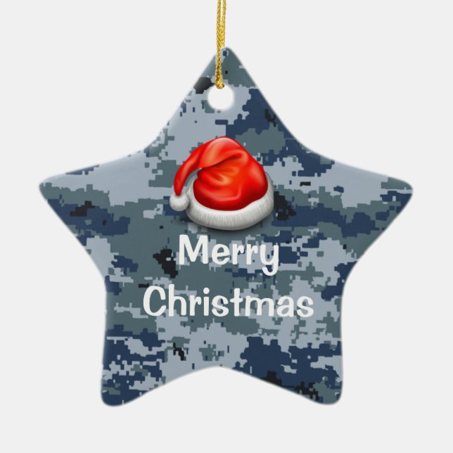 Blue Camo Star Merry Christmas Ornament (Front)