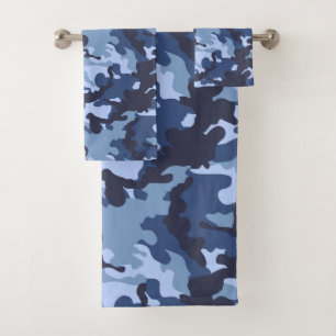 blue camo tiled pattern bath towel set