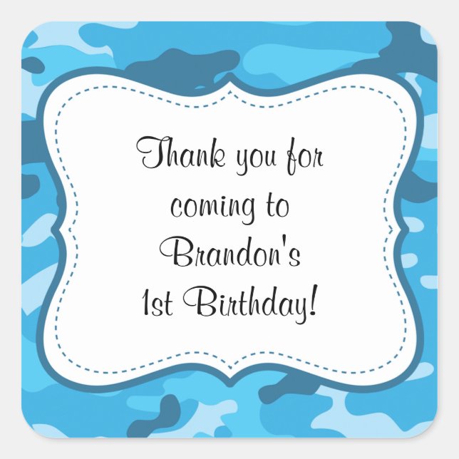 Blue Camouflage Birthday Party favour label boy (Front)