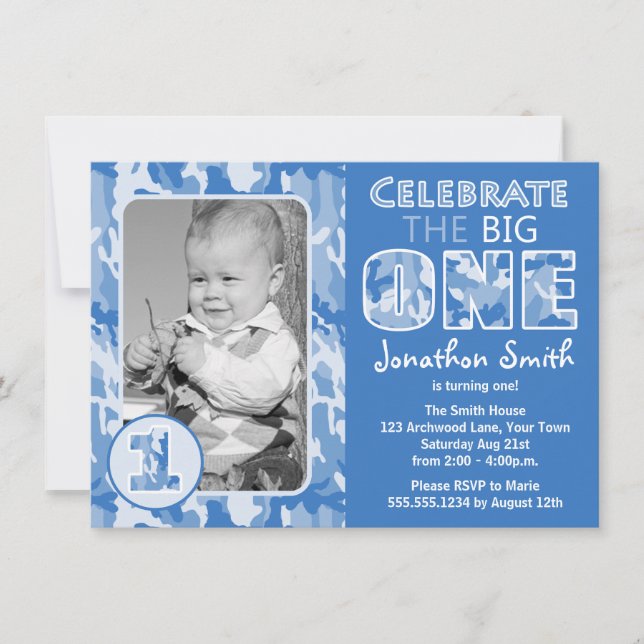 Blue Camouflage / Camo Photo First Birthday Party Invitation (Front)