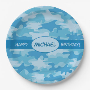 Blue Camouflage Happy Birthday Name Personalised Paper Plate