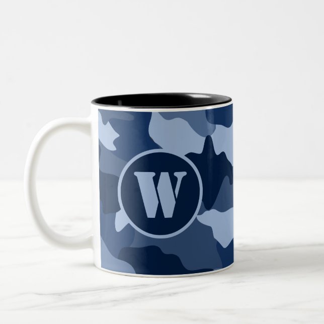 Blue Camouflage Monogram Initial Two-Tone Coffee Mug (Left)