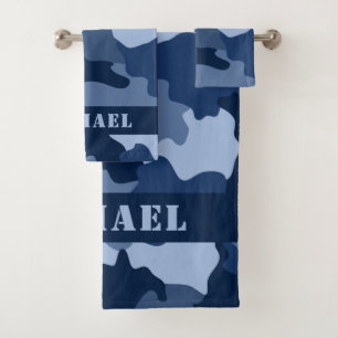 Blue Camouflage Pattern Monogram Initial Bath Towel Set