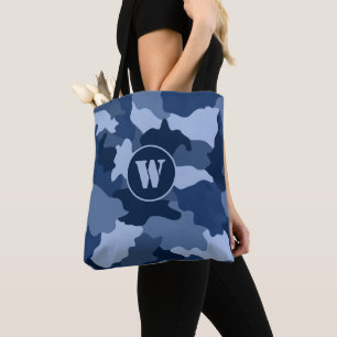 Blue Camouflage Pattern Monogram Initial Tote Bag