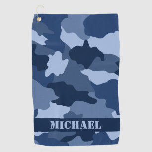 Blue Camouflage Pattern Monogram Name Golf Towel