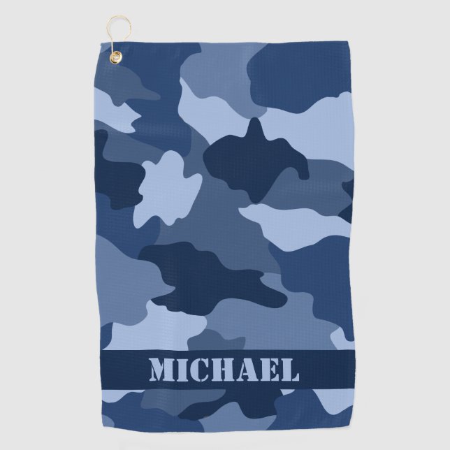 Blue Camouflage Pattern Monogram Name Golf Towel (Front)
