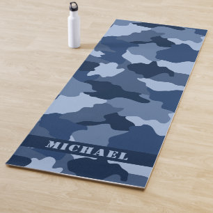 Blue Camouflage Pattern Monogram Name Yoga Mat