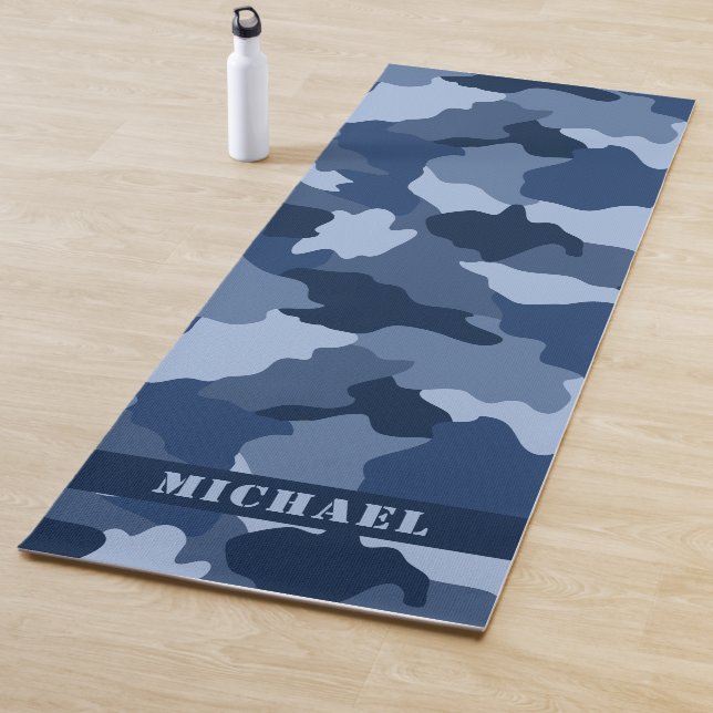 Blue Camouflage Pattern Monogram Name Yoga Mat (In Situ)