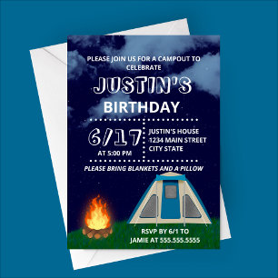 Blue Camp-out Birthday Party Invitation