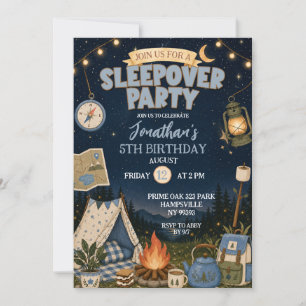 Blue Camp Sleepover Party Birthday Invitation
