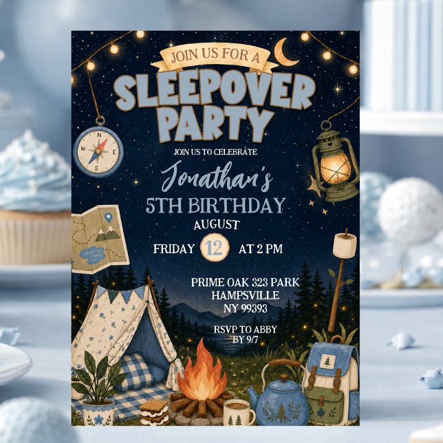 Blue Camp Sleepover Party Birthday Invitation (Creator Uploaded)
