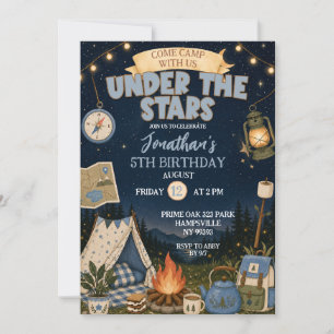 Blue Camp Under The Stars Birthday Invitation