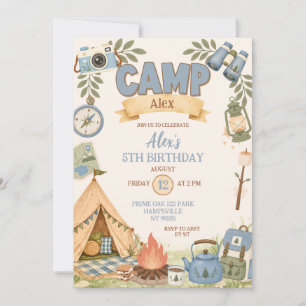 Blue Camping Theme Girl Birthday Invitation
