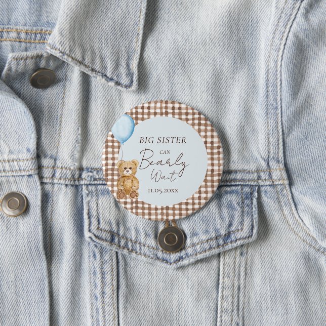 Blue Can Bearly Wait Boy Baby Shower Big Sister 7.5 Cm Round Badge (In Situ)