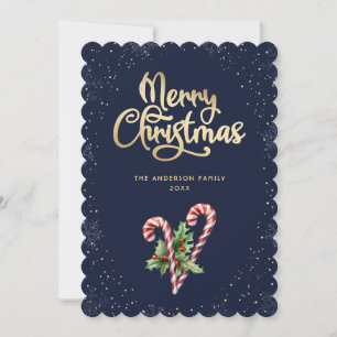 Blue Candy Cane Holly Berries Christmas Holiday Card