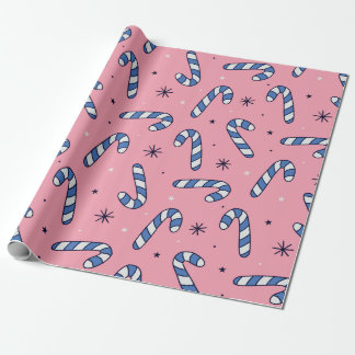 Blue Candy Canes on Pink Holiday Pattern Wrapping Paper