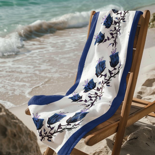 Blue Canterbury Bells on Vine Flowers Beach Towel (Custom Beach Towel, Add Artwork or Photo, ZSSPG Beach Towel)