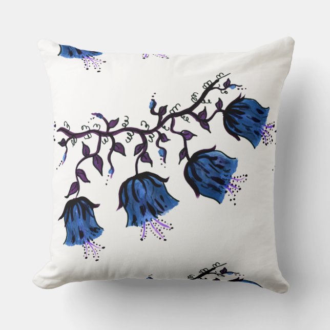 Blue Canterbury Bells on Vine Flowers Throw Pillow (Front)