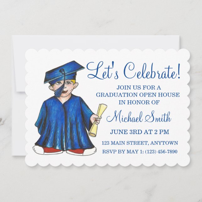 Blue Cap Gown School Graduation Party Open House Invitation (Front)