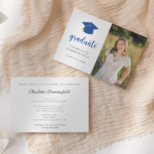 Blue Cap & Tassel Photo Graduation Party Invitation