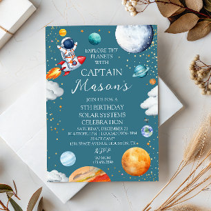 Blue Captain Rocket Solar System Adventure Kids Invitation