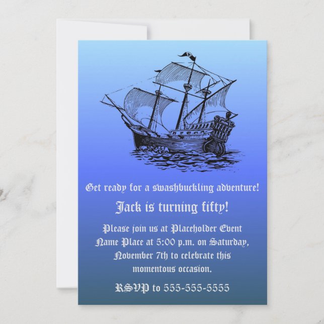 Blue Captain's 50th Birthday Pirate Ship Invitation (Front)