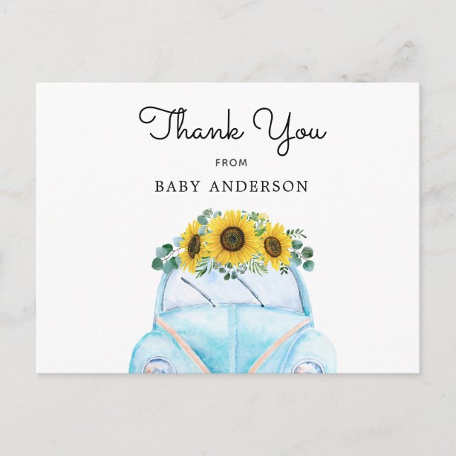 Blue Car and Sunflowers Thank You Postcard (Front)