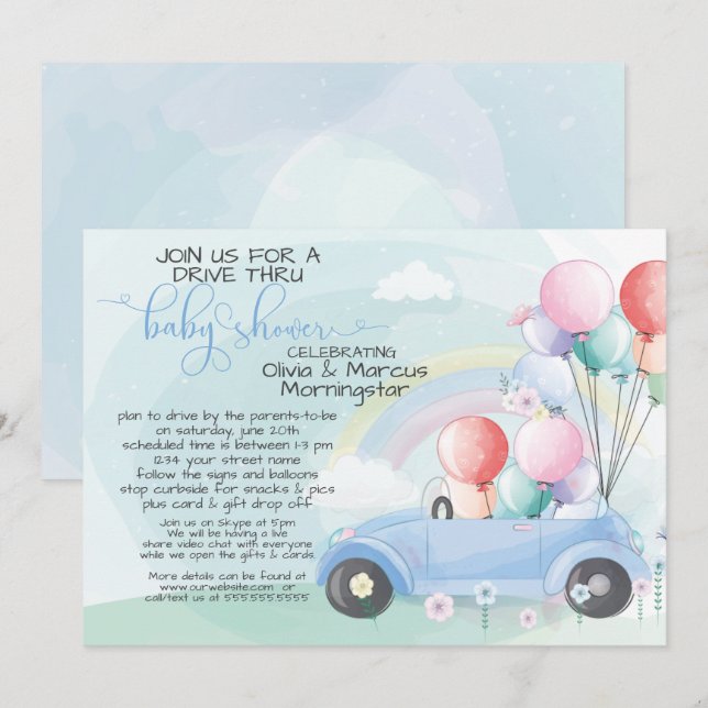 Blue Car Balloons Drive Thru Baby SHower Invitation (Front/Back)