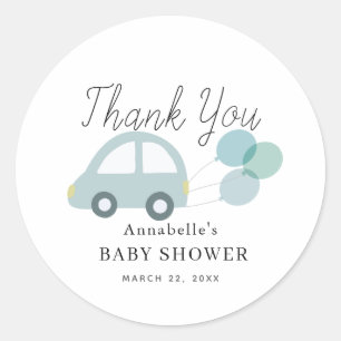Blue Car Balloons White Boy Baby Shower Classic Round Sticker