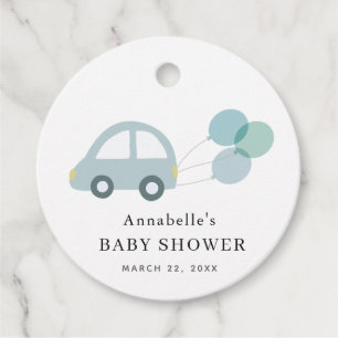 Blue Car Balloons White Boy Baby Shower Favour Tags